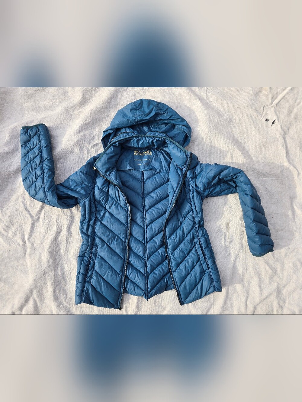 Michael Kors Blue Packable Down Puffer Jacket W/ Stowaway Hood